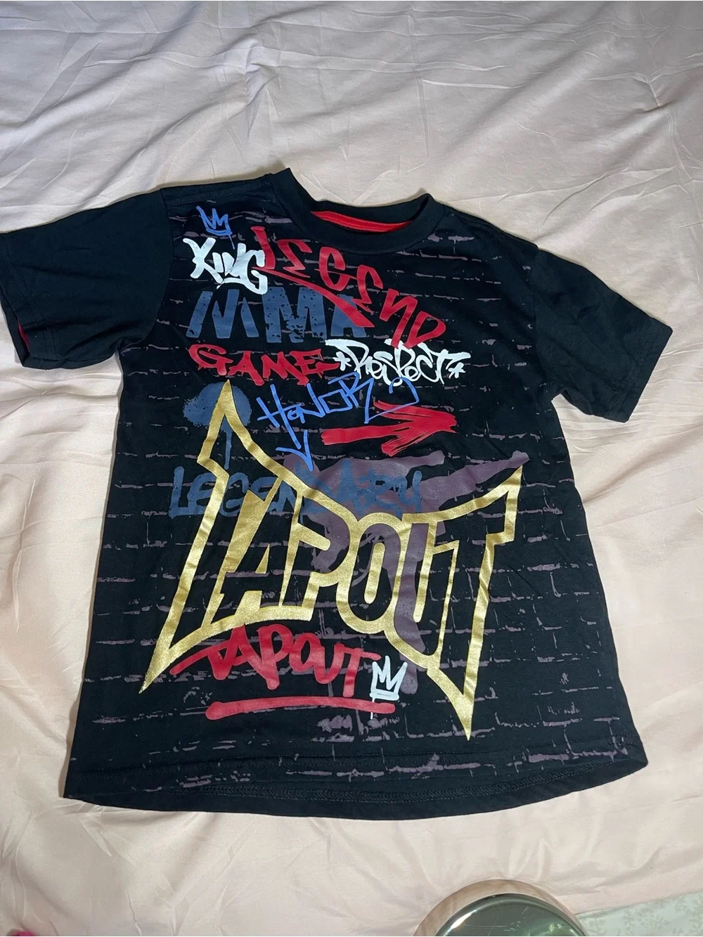 Tapout Black Tee with Gold Logo and Red & Blue Graffiti